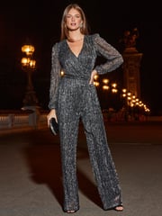 Sosandar Metallic Sparkle Plisse Wrap Front Wide Leg Jumpsuit - Image 4 of 6