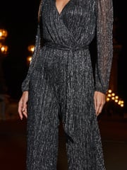 Sosandar Metallic Sparkle Plisse Wrap Front Wide Leg Jumpsuit - Image 5 of 6