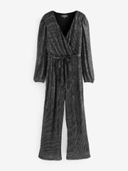Sosandar Metallic Sparkle Plisse Wrap Front Wide Leg Jumpsuit - Image 6 of 6