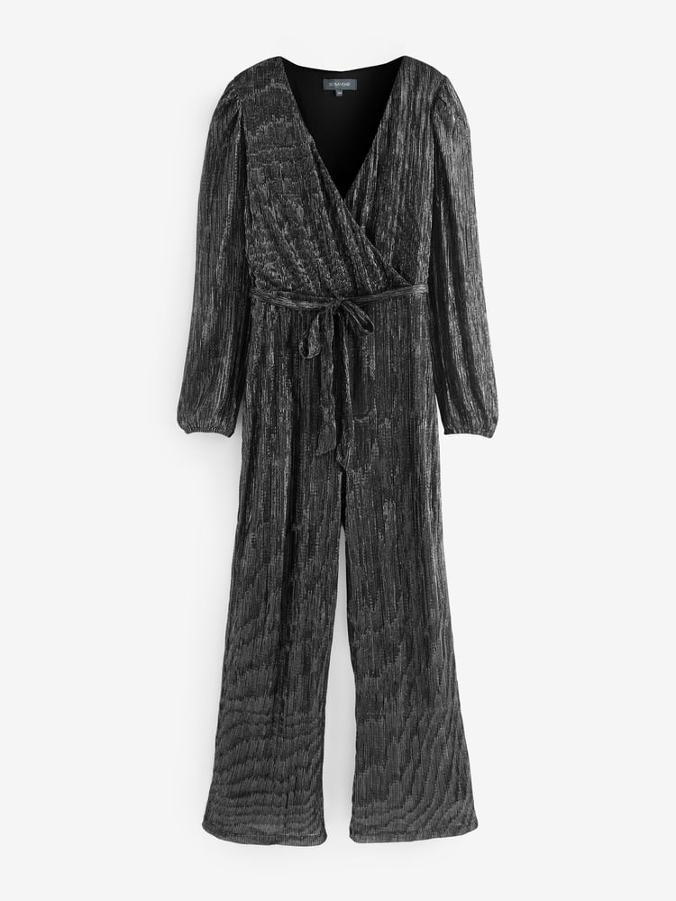 Sosandar Metallic Sparkle Plisse Wrap Front Wide Leg Jumpsuit - Image 6 of 6
