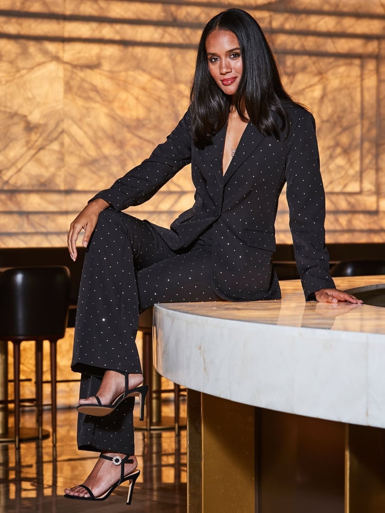 Sosandar Black Luxury Sparkling Diamante Stud Kick Flare Trousers - Image 2 of 3