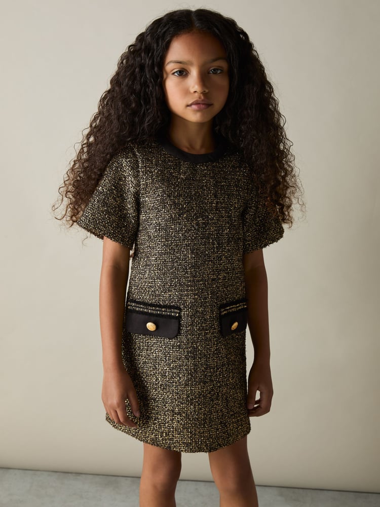 Reiss Gold Sasha 9-13 yrs Tweed Metallic-Thread Shift Dress - Image 1 of 4