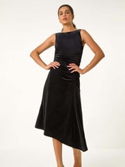 Roman Black Velvet Floral Print Ruched Midi Dress - Image 1 of 6