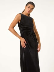 Roman Black Velvet Floral Print Ruched Midi Dress - Image 3 of 6