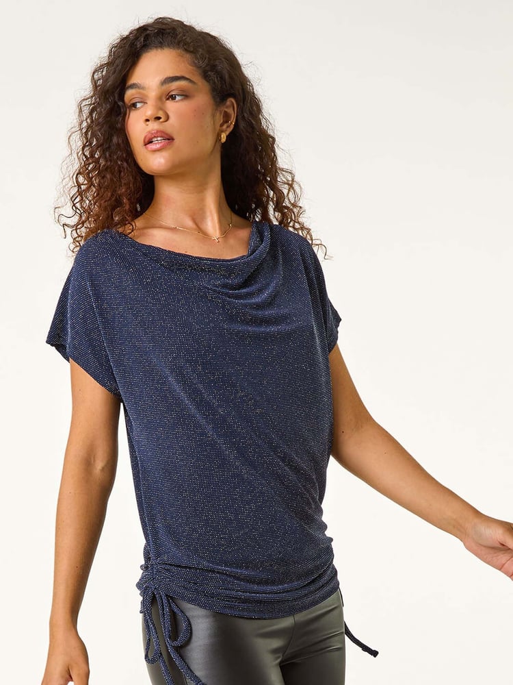 Roman Metallic Glitter Cowl Neck Top - Image 1 of 6