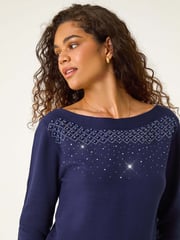 Roman Blue Embellished Boat Neck Jumper - Image 1 of 5
