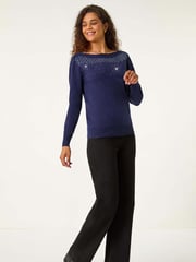 Roman Blue Embellished Boat Neck Jumper - Image 2 of 5