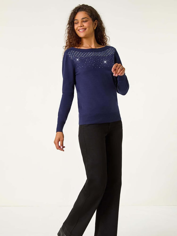 Roman Blue Embellished Boat Neck Jumper - Image 2 of 5