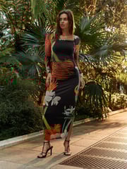 Black Orange Floral Kew Collection Square Neck Long Sleeve Mesh Midi Dress - Image 1 of 8