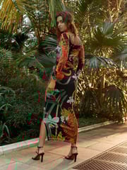 Black Orange Floral Kew Collection Square Neck Long Sleeve Mesh Midi Dress - Image 2 of 8