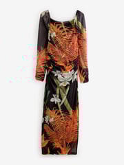 Black Orange Floral Kew Collection Square Neck Long Sleeve Mesh Midi Dress - Image 5 of 8