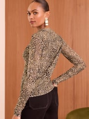 Love & Roses Brown Leopard Mesh Ruched Long Sleeve Top - Image 3 of 4
