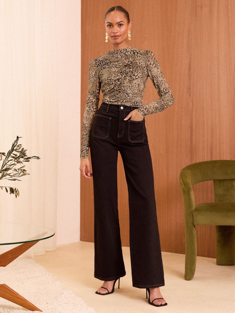 Love & Roses Brown Leopard Mesh Ruched Long Sleeve Top - Image 4 of 4