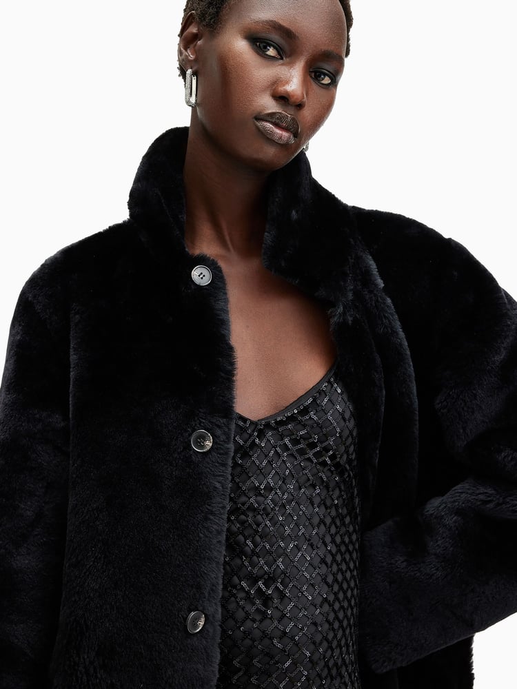 AllSaints Black Serra Maxi Shearling 100% Cotton Coats - Image 2 of 10