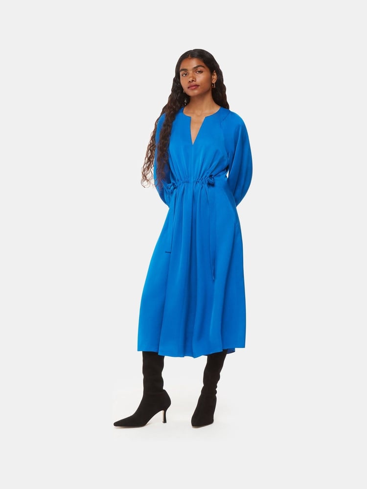 Whistles Blue Petite Molly Satin Ruched Dress - Image 1 of 5