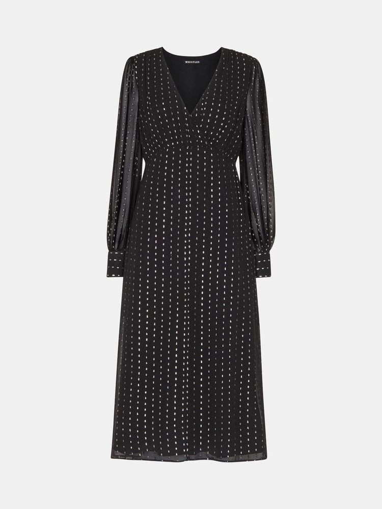 Whistles Black Petite Metallic Stripe Midi Dress - Image 5 of 5