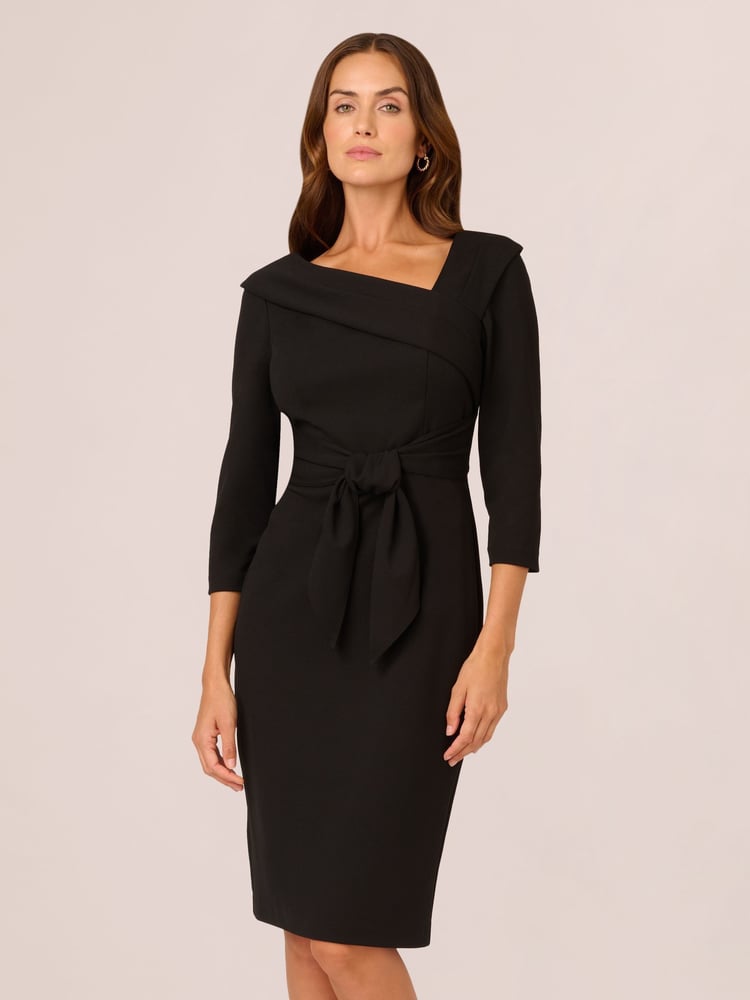 Adrianna Papell Black Knit Crepe Tie Sheath Dress - Image 1 of 7