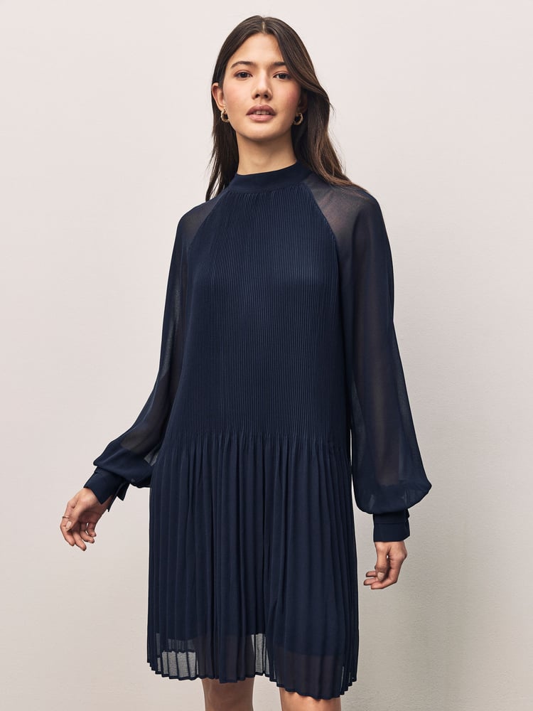 BOSS Blue Plisse Pleated High Neck Sheer Sleeve Dress - Image 1 of 4 BOSS Blue Plisse Pleated High Neck Sheer Sleeve Dress - Image 1 of 4