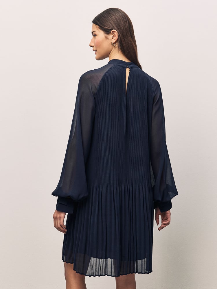 BOSS Blue Plisse Pleated High Neck Sheer Sleeve Dress - Image 2 of 4 BOSS Blue Plisse Pleated High Neck Sheer Sleeve Dress - Image 2 of 4