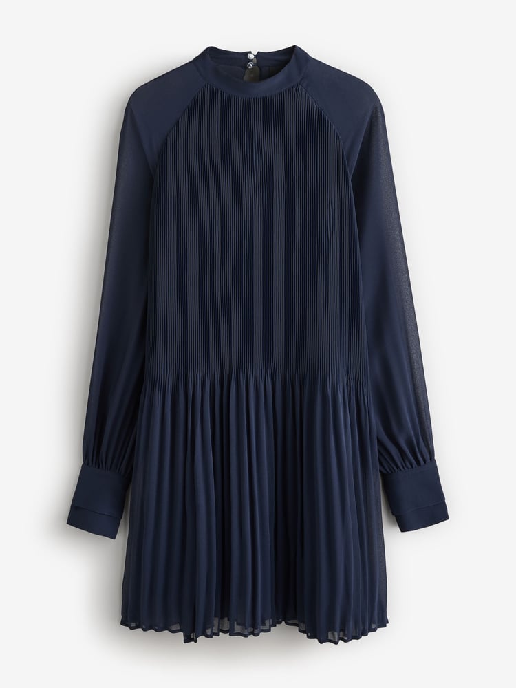 BOSS Blue Plisse Pleated High Neck Sheer Sleeve Dress - Image 4 of 4