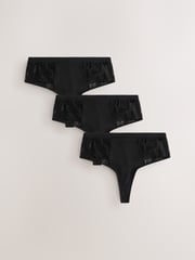 Black High Waisted Thong Modal & Lace Knickers 3 Pack - Image 1 of 6