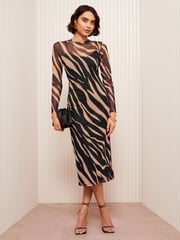 Friends Like These Brown Long Sleeve Mesh Midi Dress - Image 1 of 4