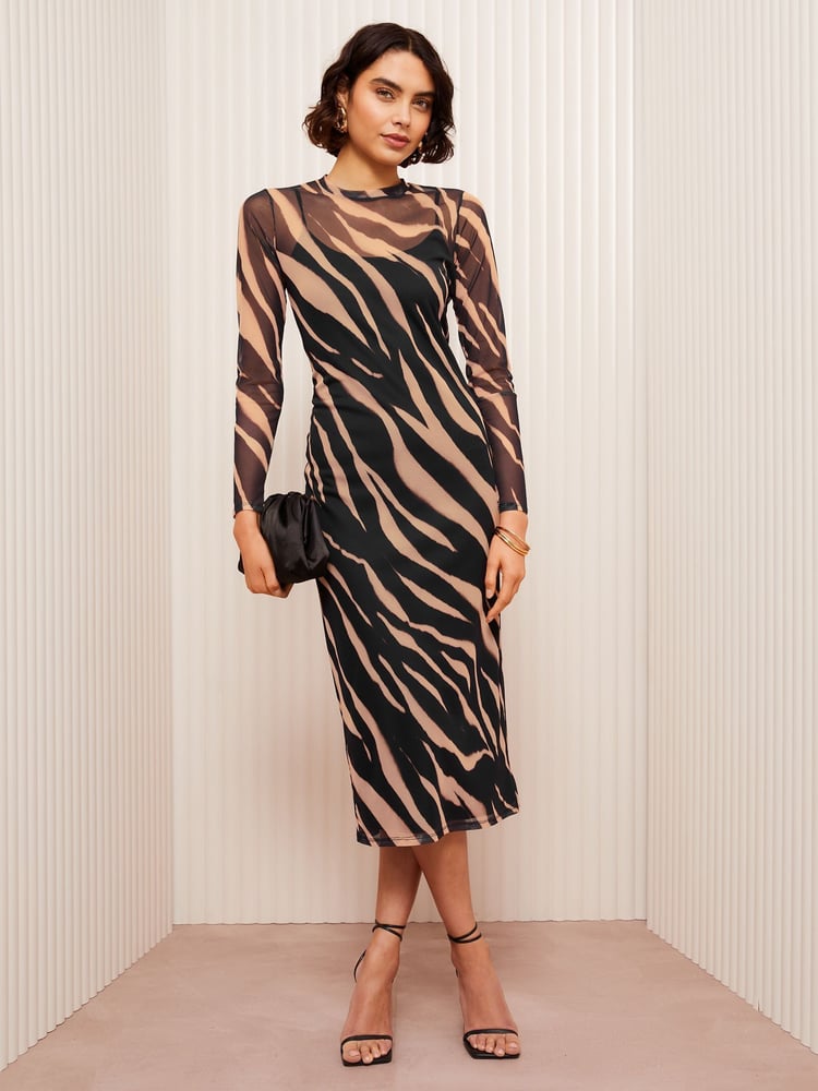 Friends Like These Brown Long Sleeve Mesh Midi Dress - Image 1 of 4