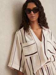Reiss White/Brown Carlotta Stripe-Print Relaxed V-Neck Shirt - Image 1 of 5