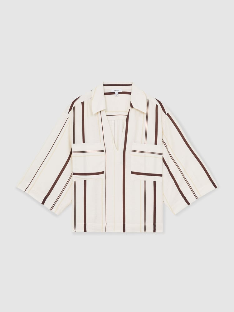 Reiss White/Brown Carlotta Stripe-Print Relaxed V-Neck Shirt - Image 2 of 5