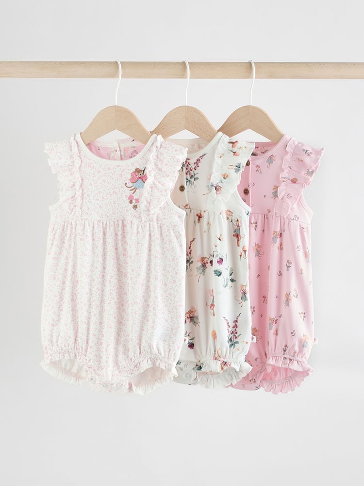 Pink Mouse and Floral Print Baby 100% Cotton Rompers 3 Pack - Image 1 of 11