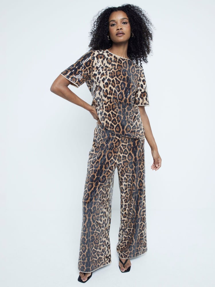 River Island Brown Leopard Print Sequin T-Shirt - Image 1 of 6 River Island Brown Leopard Print Sequin T-Shirt - Image 1 of 6