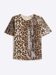 River Island Brown Leopard Print Sequin T-Shirt - Image 5 of 6