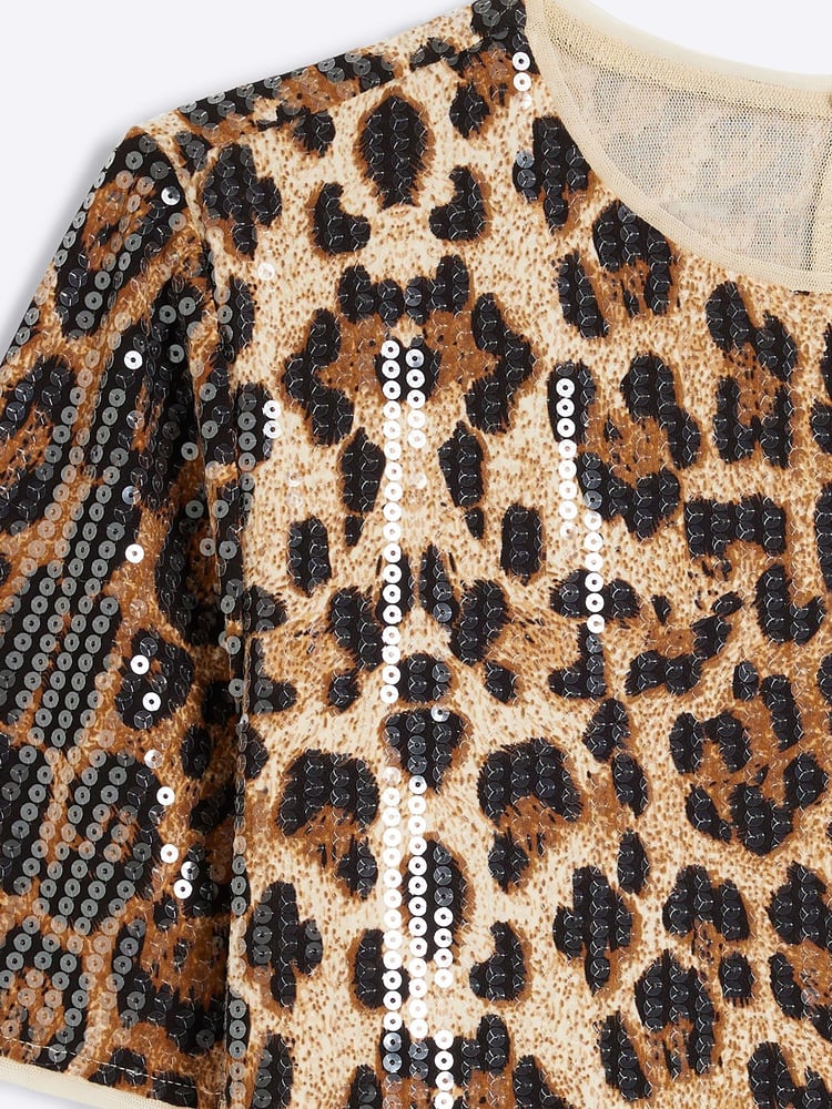 River Island Brown Leopard Print Sequin T-Shirt - Image 6 of 6 River Island Brown Leopard Print Sequin T-Shirt - Image 6 of 6