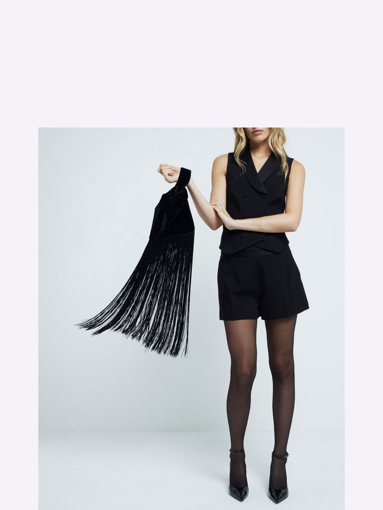 River Island Black Waterfall Tassel Clutch Bag - Image 1 of 5 River Island Black Waterfall Tassel Clutch Bag - Image 1 of 5