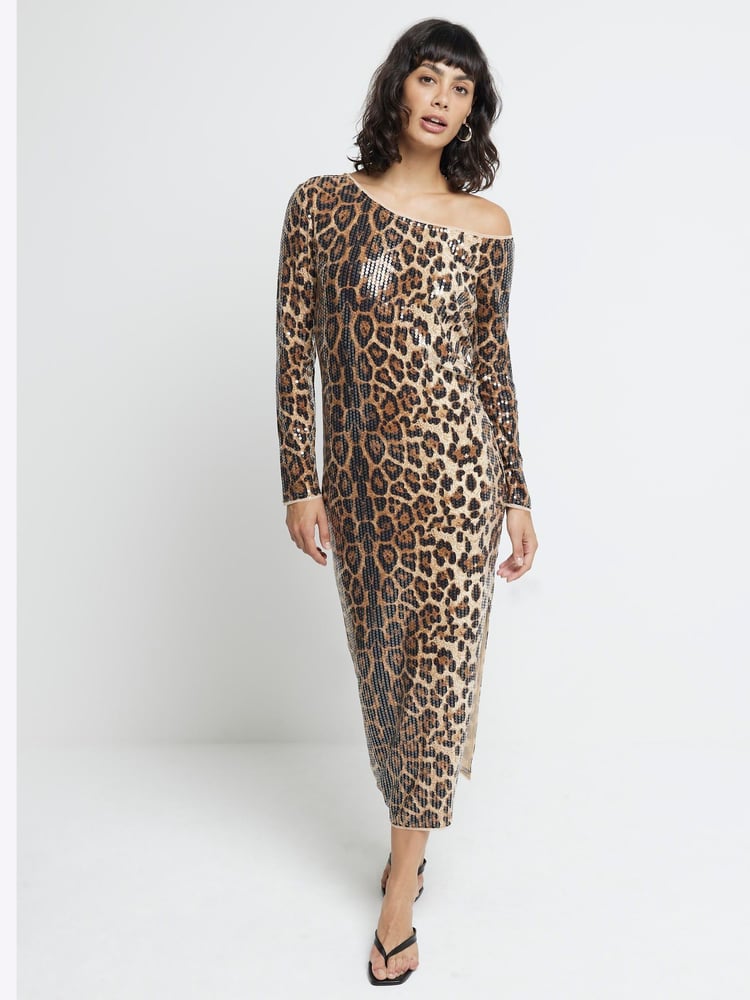 River Island Brown Leopard Print One Shoulder Midi Dress - Image 1 of 4