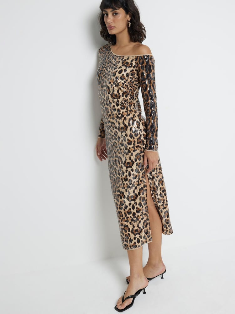 River Island Brown Leopard Print One Shoulder Midi Dress - Image 2 of 4 River Island Brown Leopard Print One Shoulder Midi Dress - Image 2 of 4
