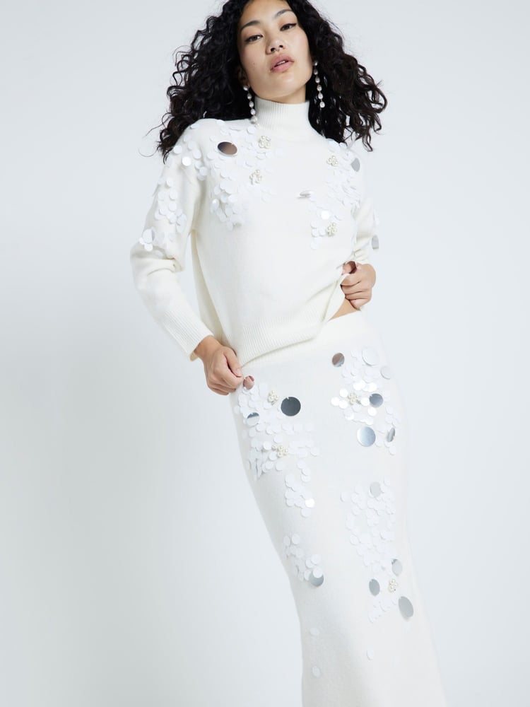 River Island Cream Sequin Knitted Midi Skirt - Image 1 of 4