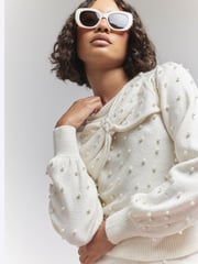 River Island Cream Bow Pearl Crew Neck Jumper - Image 3 of 6