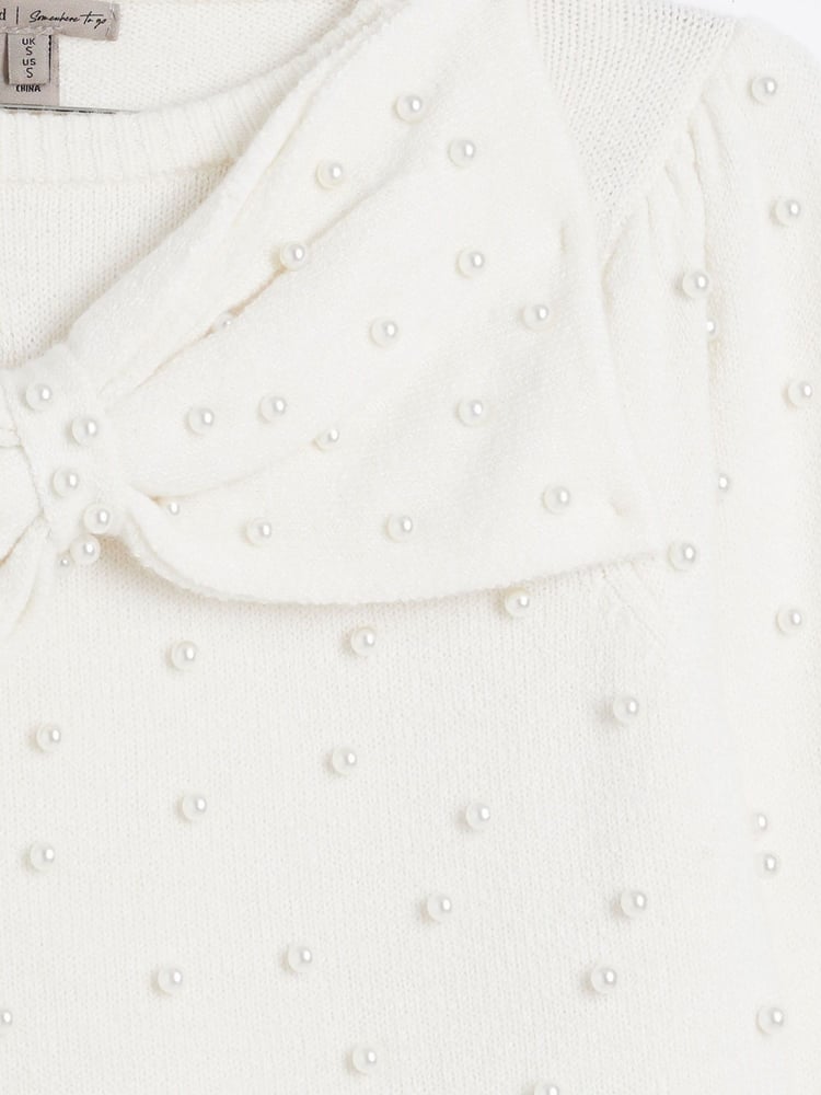 River Island Cream Bow Pearl Crew Neck Jumper - Image 6 of 6