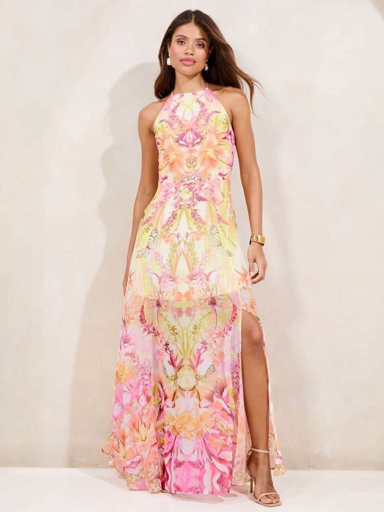 Lipsy Pink Petite Printed Halter Chiffon Sleeveless Maxi Dress - Image 1 of 5