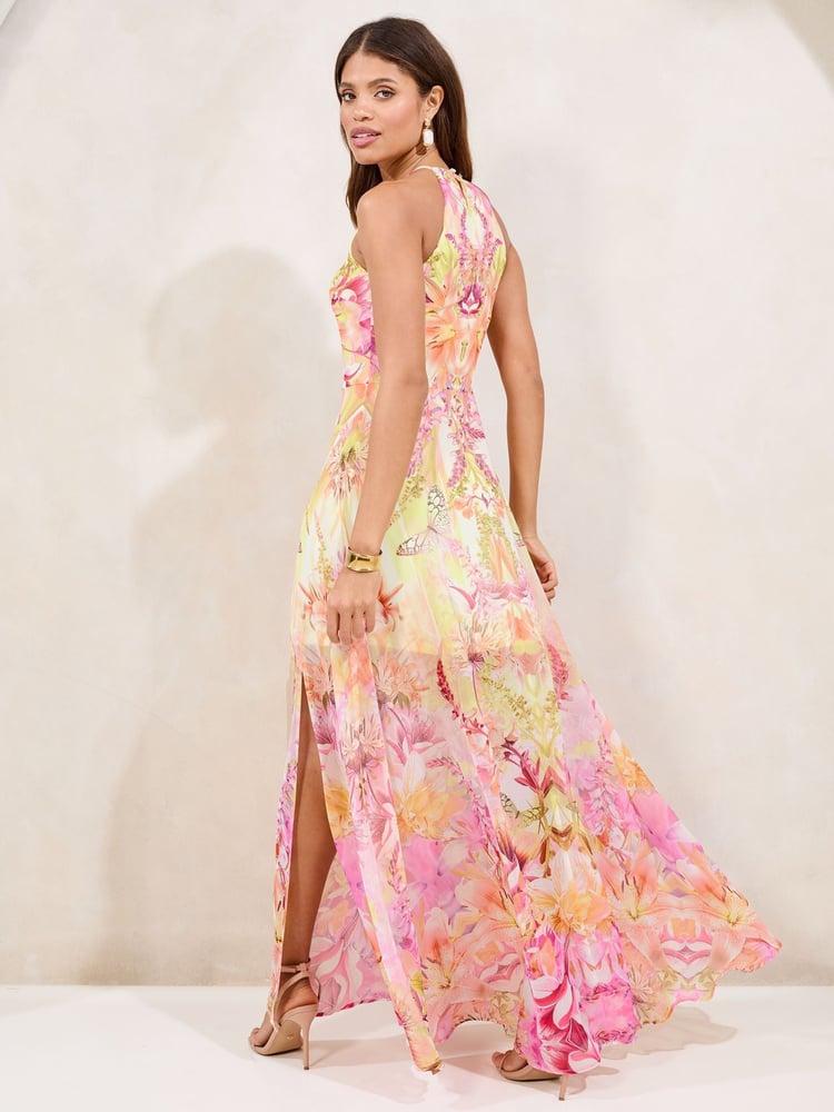 Lipsy Pink Petite Printed Halter Chiffon Sleeveless Maxi Dress - Image 2 of 5