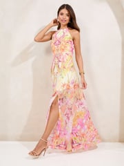 Lipsy Pink Petite Printed Halter Chiffon Sleeveless Maxi Dress - Image 4 of 5