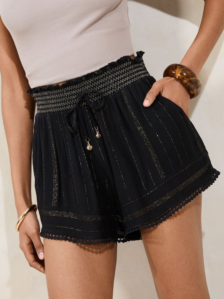 Lipsy Black Metallic Beach Shorts with Pom Trim - Image 1 of 4
