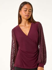 Roman Red Petite Jacquard Contrast V-Neck Wrap Top - Image 1 of 5