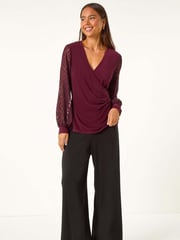 Roman Red Petite Jacquard Contrast V-Neck Wrap Top - Image 2 of 5