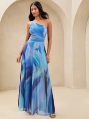 Lipsy Blue Petite One Shoulder Marble Printed Chiffon Maxi Dress - Image 1 of 4