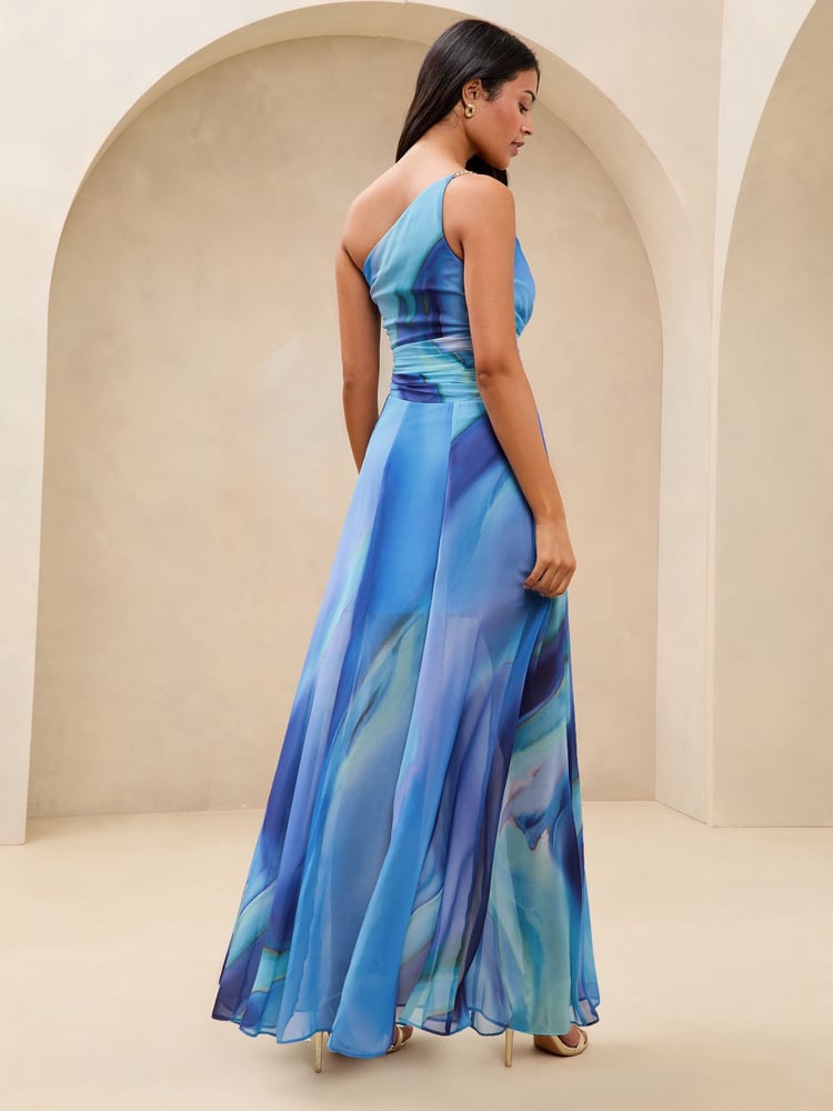 Lipsy Blue Petite One Shoulder Marble Printed Chiffon Maxi Dress - Image 4 of 4