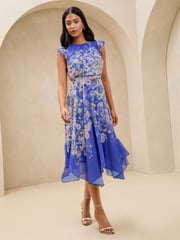 Lipsy Cobalt Blue Petite Floral Printed Hanky Hem Midi Dress - Image 3 of 4