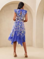 Lipsy Cobalt Blue Petite Floral Printed Hanky Hem Midi Dress - Image 4 of 4