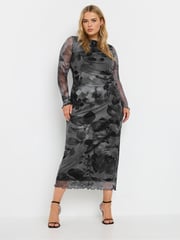 Yours Curve Grey Limited Floral Mesh Dress - Image 1 of 6